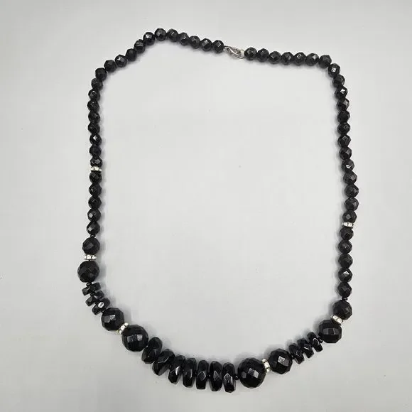 Black Glass Bead Necklace Facet Cut Rhinestone Rondelle Lobster Clasp 24" - Picture 5 of 10